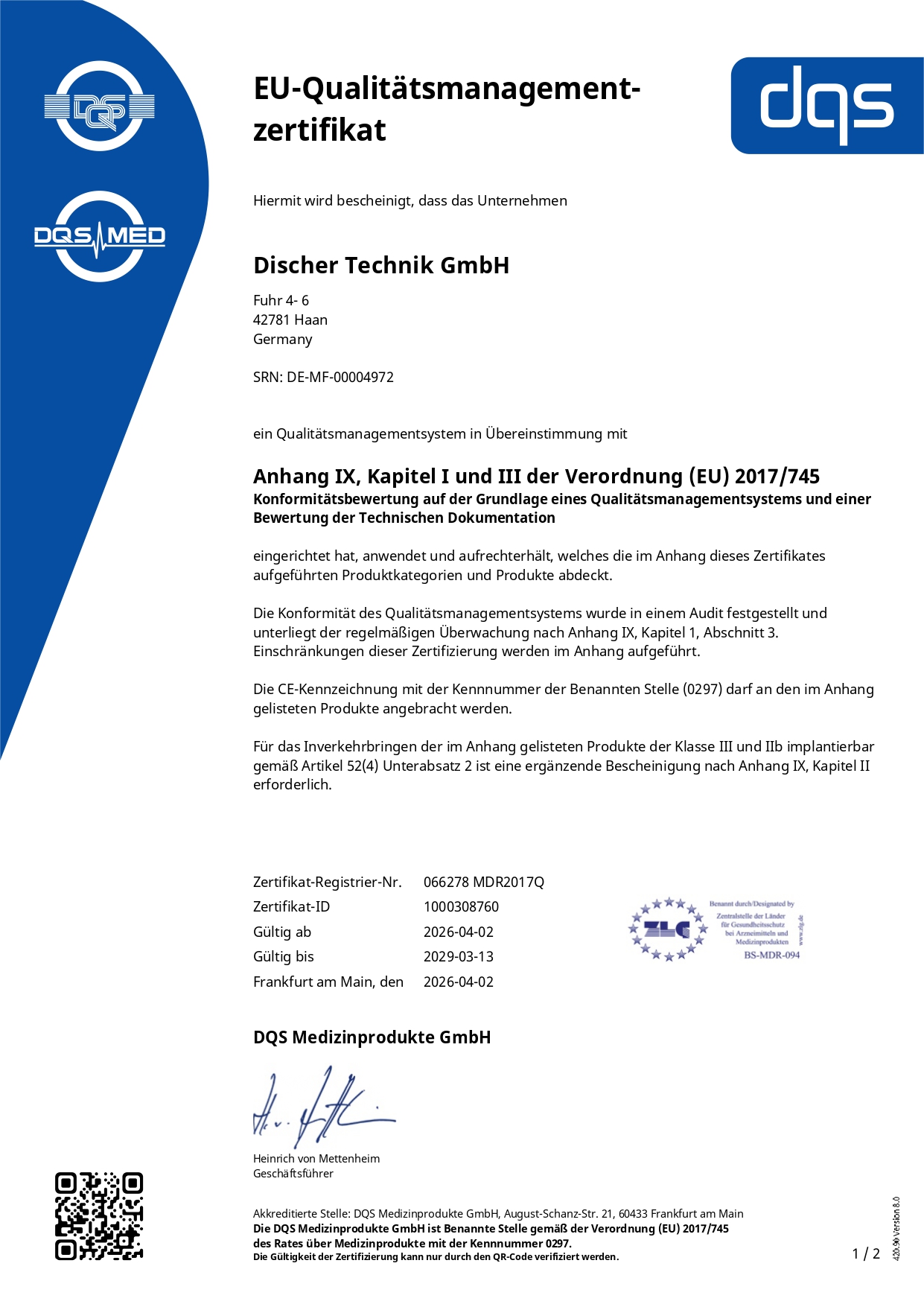 Zertifikat nach Verordnung (EU) 2017/745 MDR